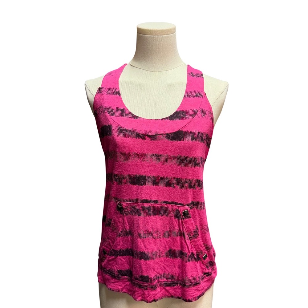 Vtg Sweet Love Pink Black Striped Tank Top Lace Up Back Studded Pockets Y2K S